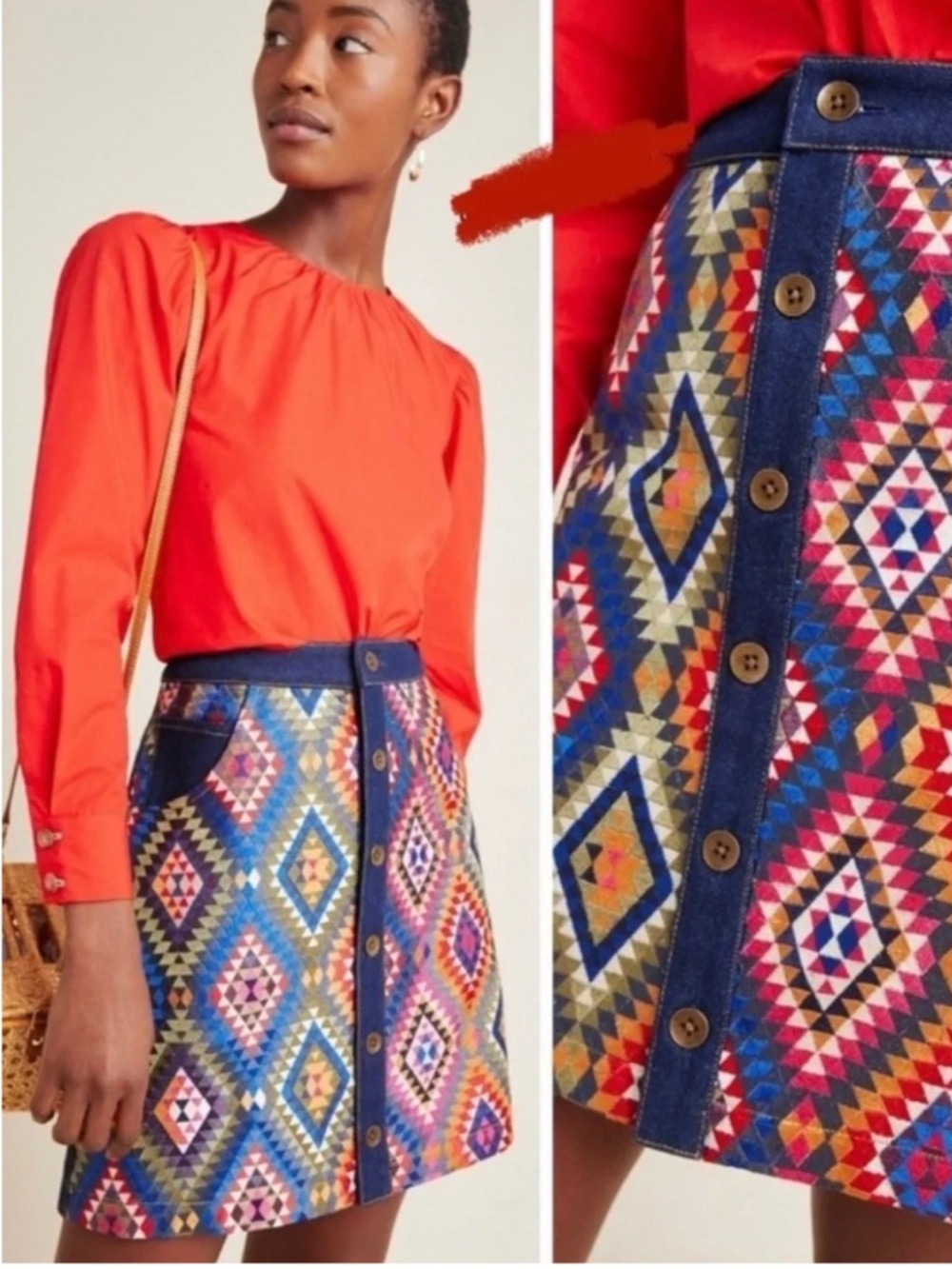 NWT Manish Arora x Anthropologie Embroidered Button-Down Denim Mini Skirt Size 6